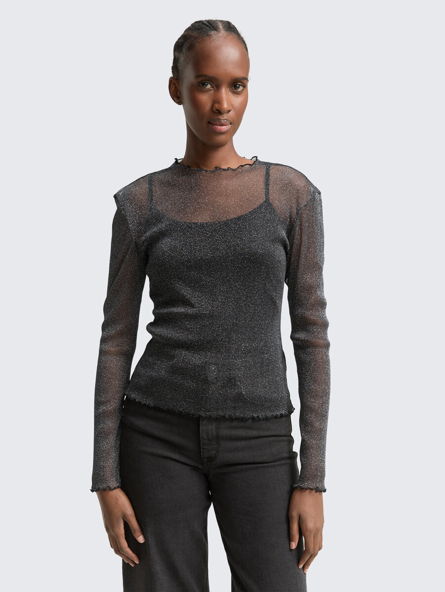 langärmeliges mesh-shirt mit glitzereffekt