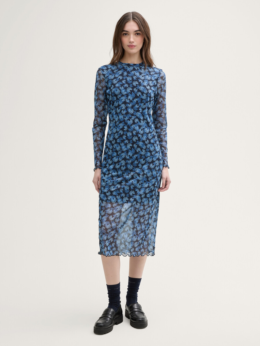 midi-kleid aus mesh mit blumenmuster