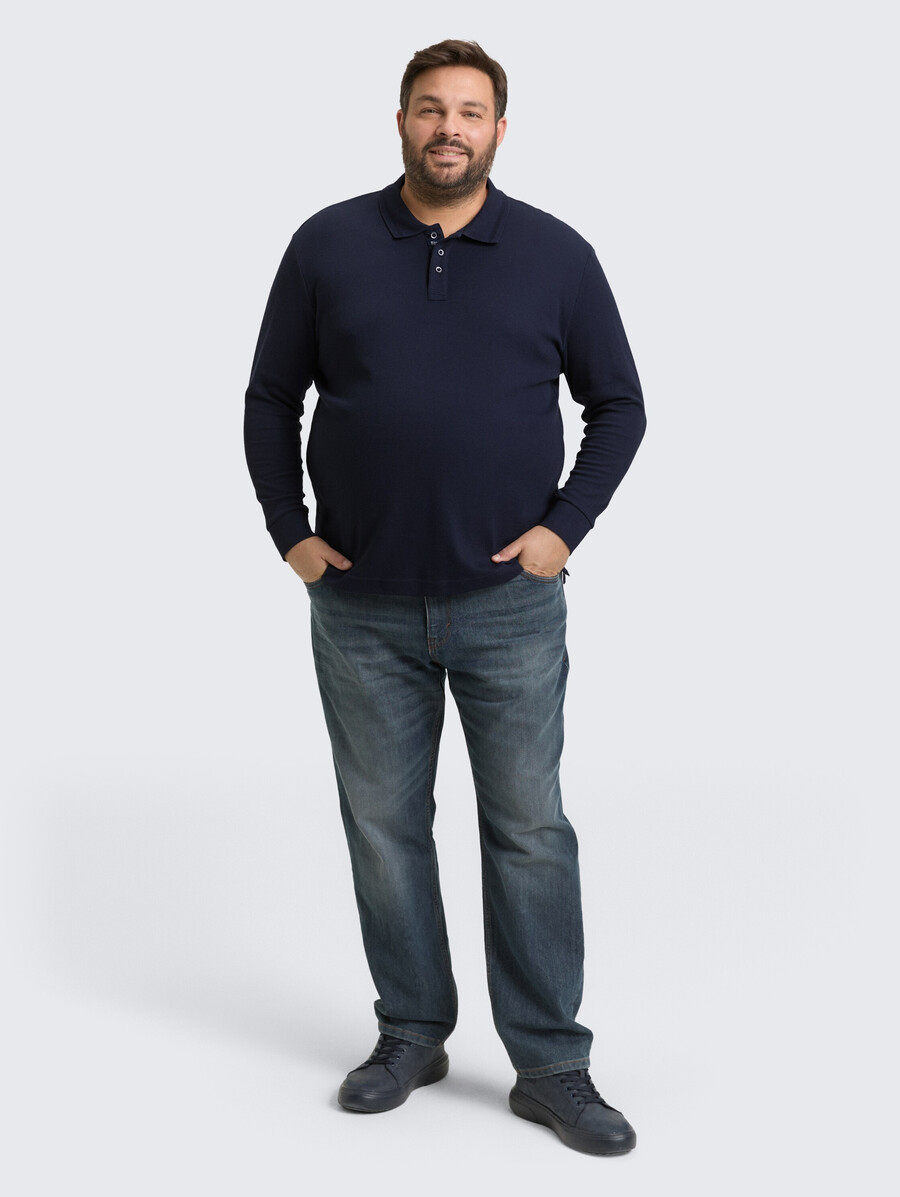 plus size – langärmeliges poloshirt mit waffelstruktur